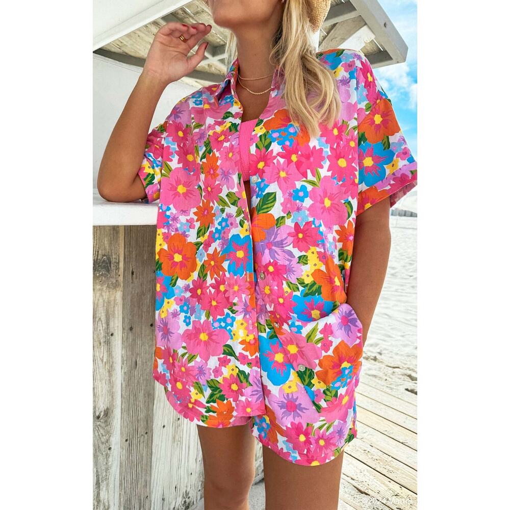 Show Me Your MuMu Parker Button Down Barbie Linen | Pink‎ Orange Floral | SZ M